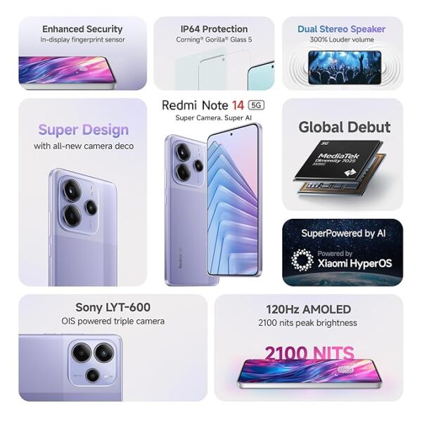 Redmi Note 14 5G (Phantom Purple, 8GB RAM 128GB Storage) - Image 3